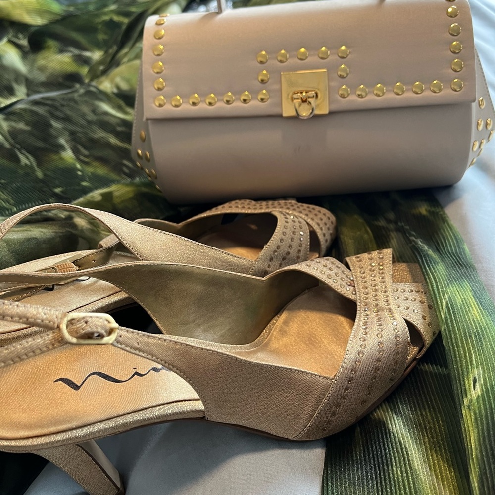 Beige Studded Handbag and Heels Set